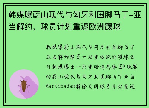 韩媒曝蔚山现代与匈牙利国脚马丁-亚当解约，球员计划重返欧洲踢球